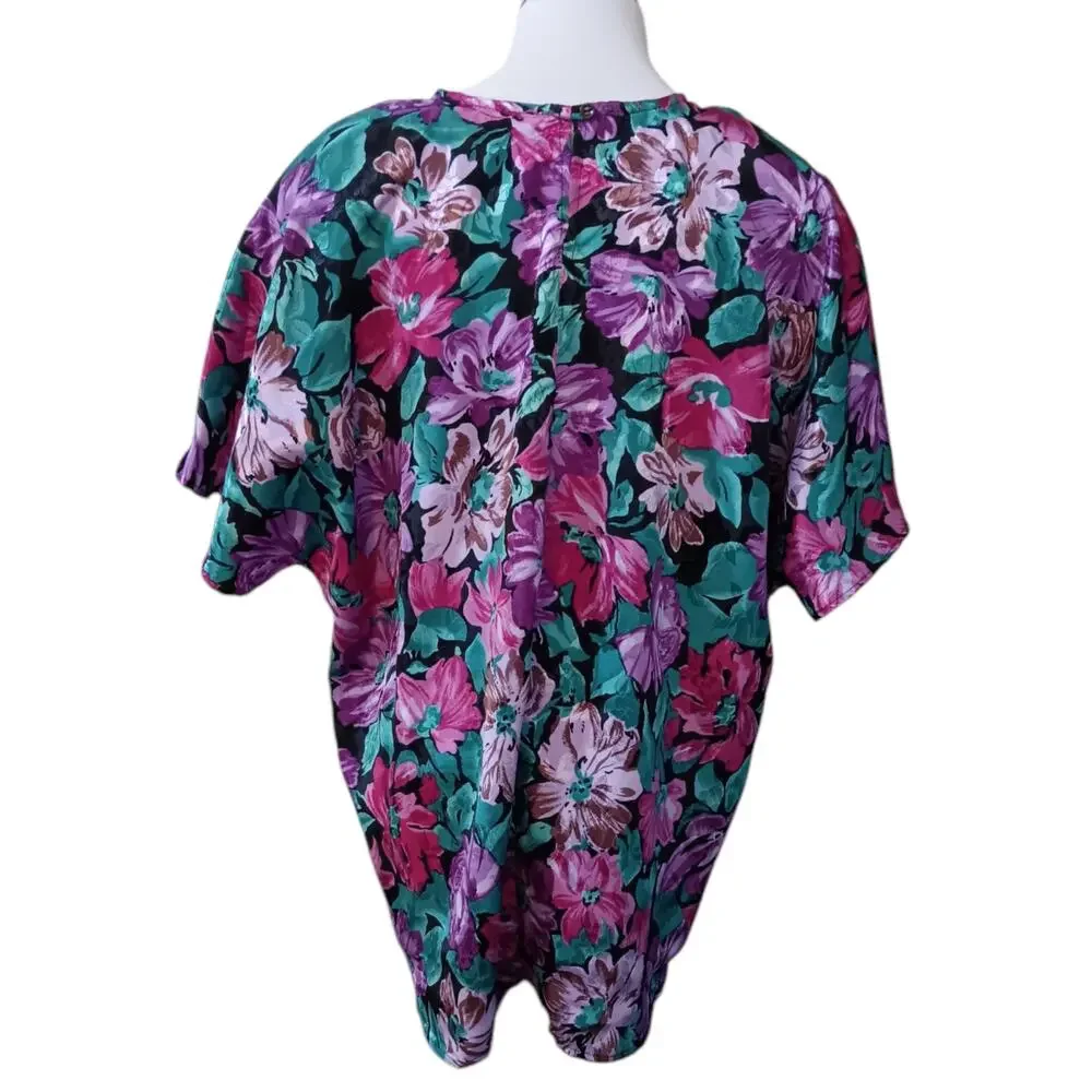 VINTAGE 80s 90s Blouse Top 18W‎ Shiny Floral Bright Colorful Office Career Event